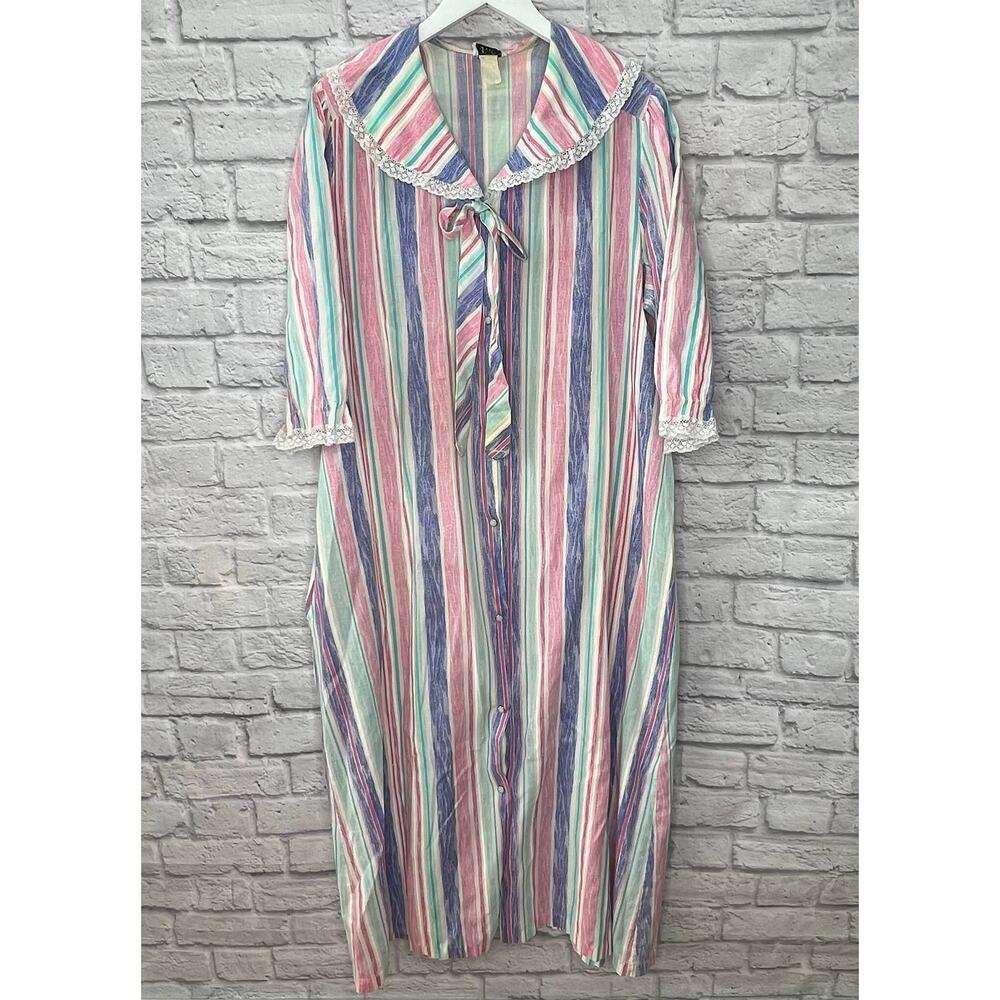 Vintage Improved Living Striped Robe House Coat Size L Ruffle Lace Button Pink